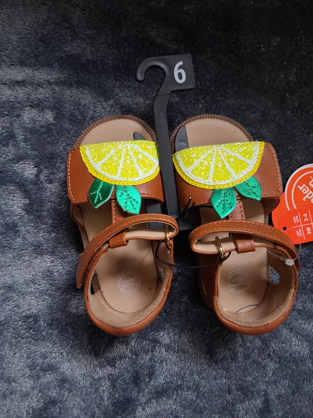 NWT Wonder Nation Lemon Fruit Glitter Strappy Sandals Brown/Yellow Girls Size 6